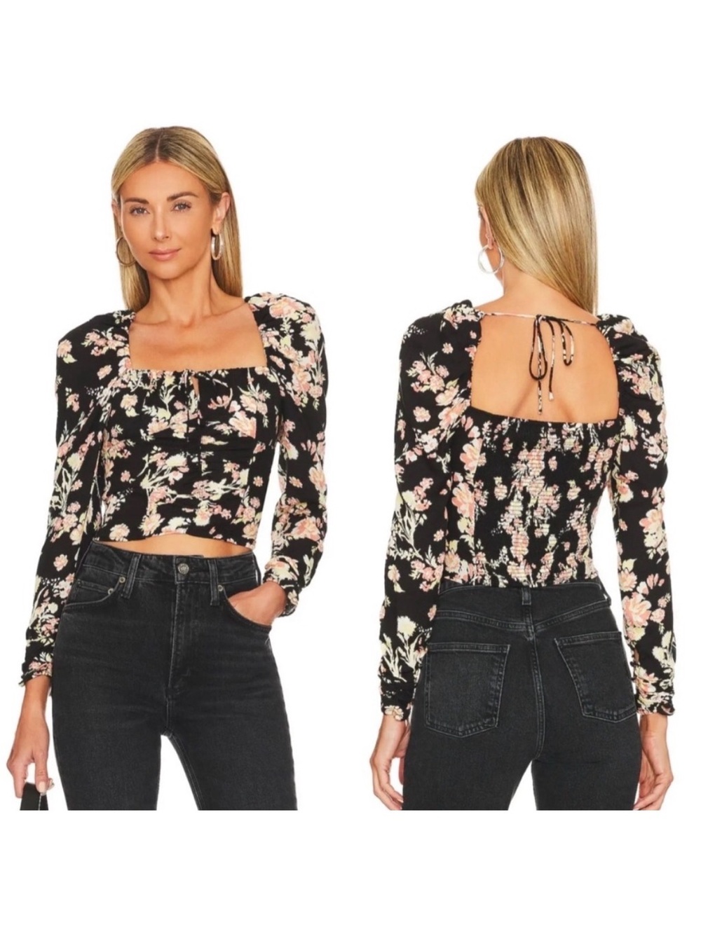 Free People Hilary Black Combo Black Floral Square-Neck Long-Sleeve Crop Top